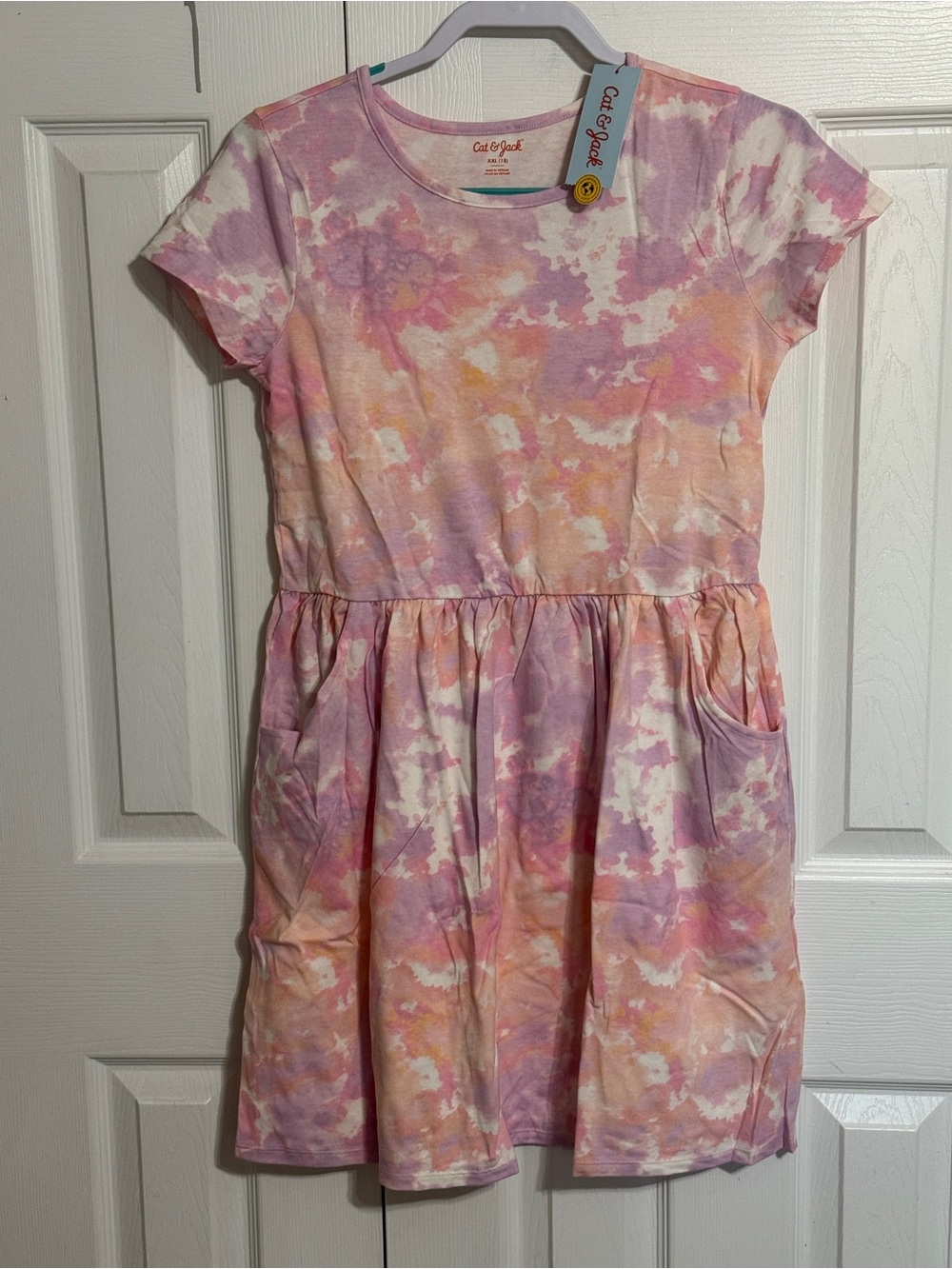 Cat & Jack Girls' Pink Peach Tie-Dye Short Sleeve Pocket Dress